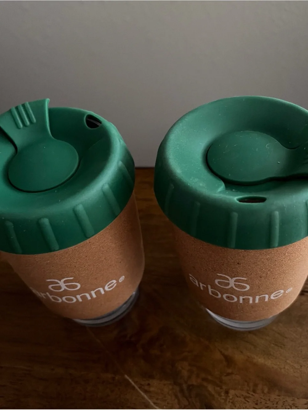 Arbonne Cork Travel Cups with Dark Green Lids (Set of 2)